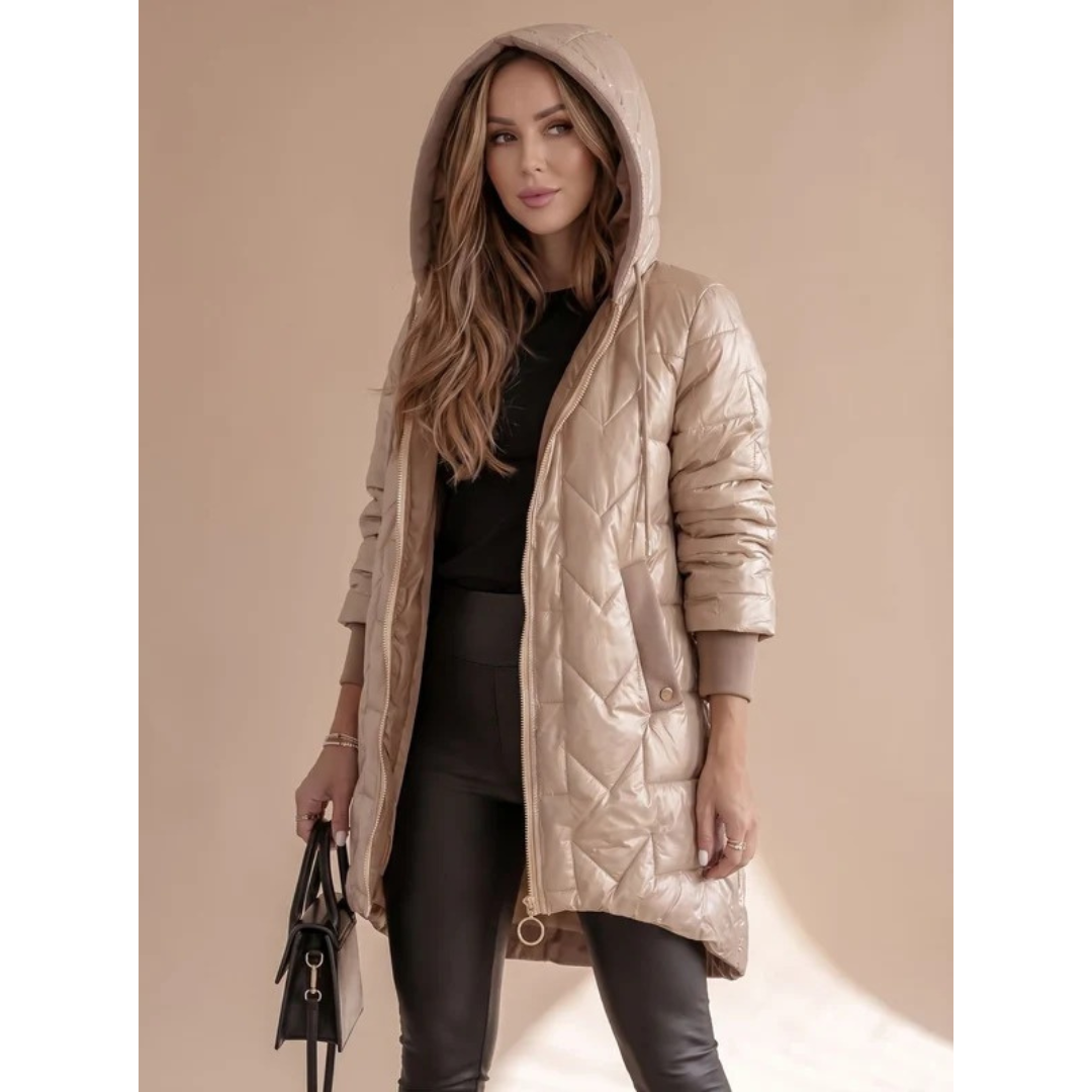 Damska pikowana kurtka puchowa z kapturem-Jacket for women-Olave