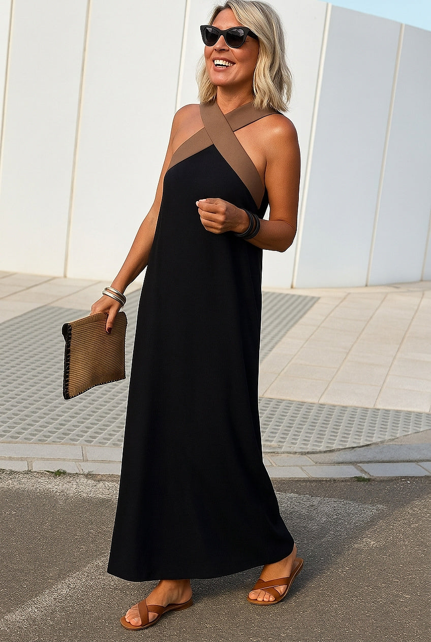 Damska sukienka maxi bez rękawów z dekoltem typu cross-neck-Maxi Dress-Olave