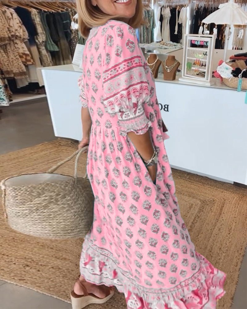 Damska sukienka midi w kwiaty z dekoltem w serek-Midi Dress-Olave