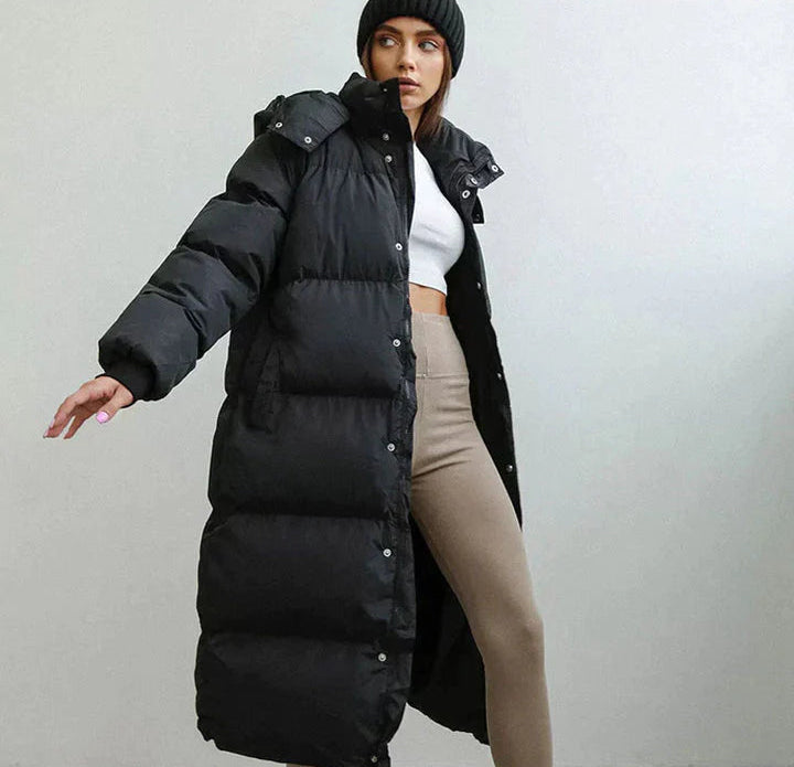 Kurtka Damska Długa z Kapturem i Pikowaną Konstrukcją-Olave