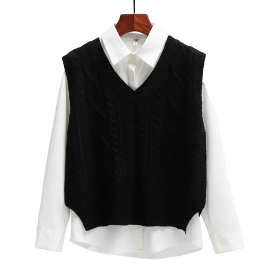 Bez rękawów sweter z dekoltem w kształcie litery V i prostą formą-Sweaters for Women-Olave