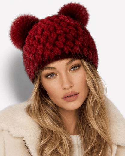 Damska czapka beanie z dzianiny z dwoma pomponami-Hat for women-Olave