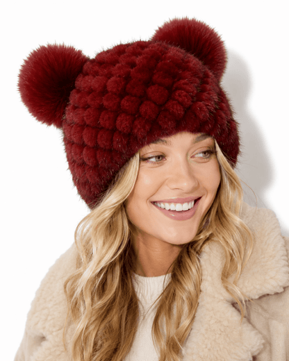 Damska czapka beanie z dzianiny z dwoma pomponami-Hat for women-Olave