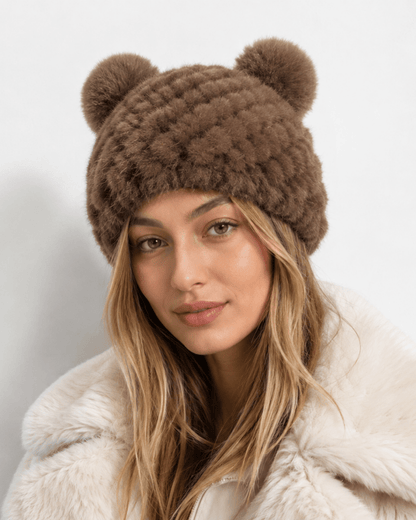 Damska czapka beanie z dzianiny z dwoma pomponami-Hat for women-Olave