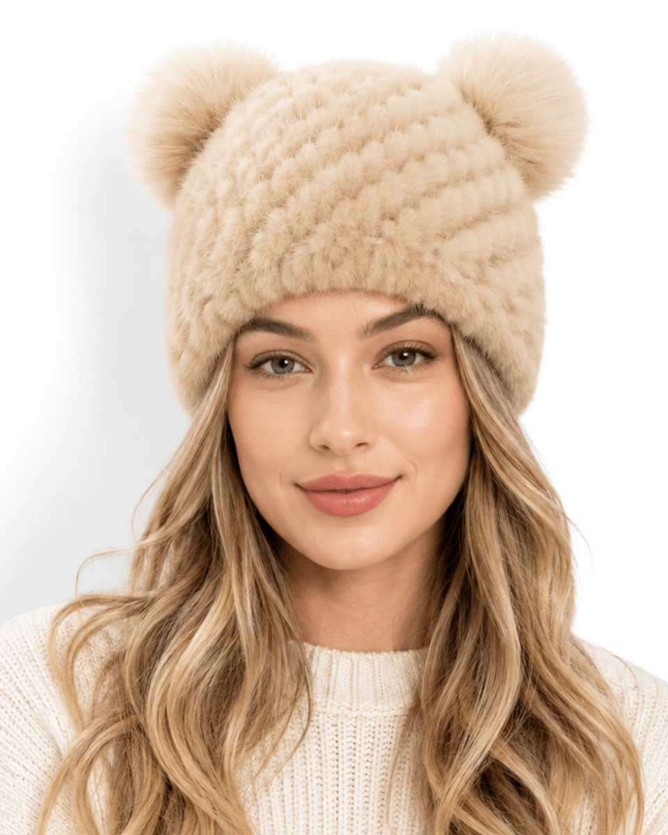 Damska czapka beanie z dzianiny z dwoma pomponami-Hat for women-Olave