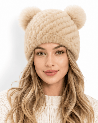 Damska czapka beanie z dzianiny z dwoma pomponami-Hat for women-Olave