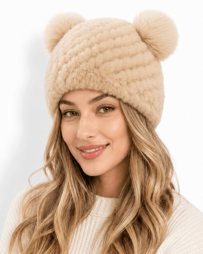 Damska czapka beanie z dzianiny z dwoma pomponami-Hat for women-Olave