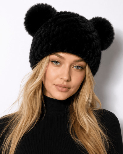 Damska czapka beanie z dzianiny z dwoma pomponami-Hat for women-Olave