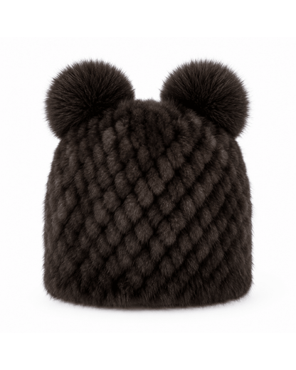Damska czapka beanie z dzianiny z dwoma pomponami-Hat for women-Olave