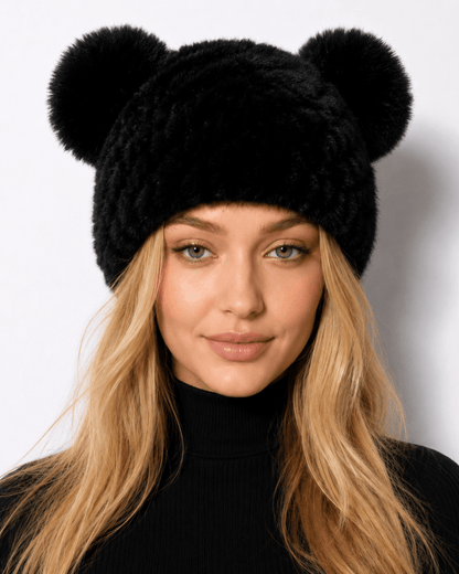 Damska czapka beanie z dzianiny z dwoma pomponami-Hat for women-Olave