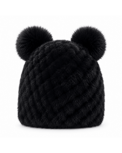 Damska czapka beanie z dzianiny z dwoma pomponami-Hat for women-Olave