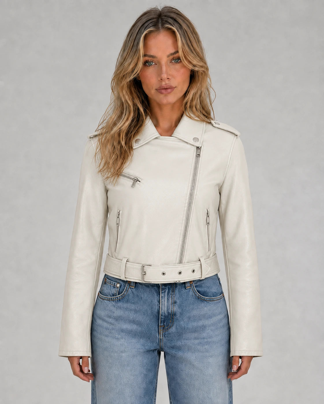Damska kurtka motocyklowa z asymetrycznym zamkiem i paskiem-Jacket for women-Olave