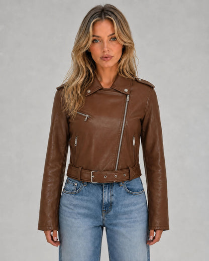 Damska kurtka motocyklowa z asymetrycznym zamkiem i paskiem-Jacket for women-Olave