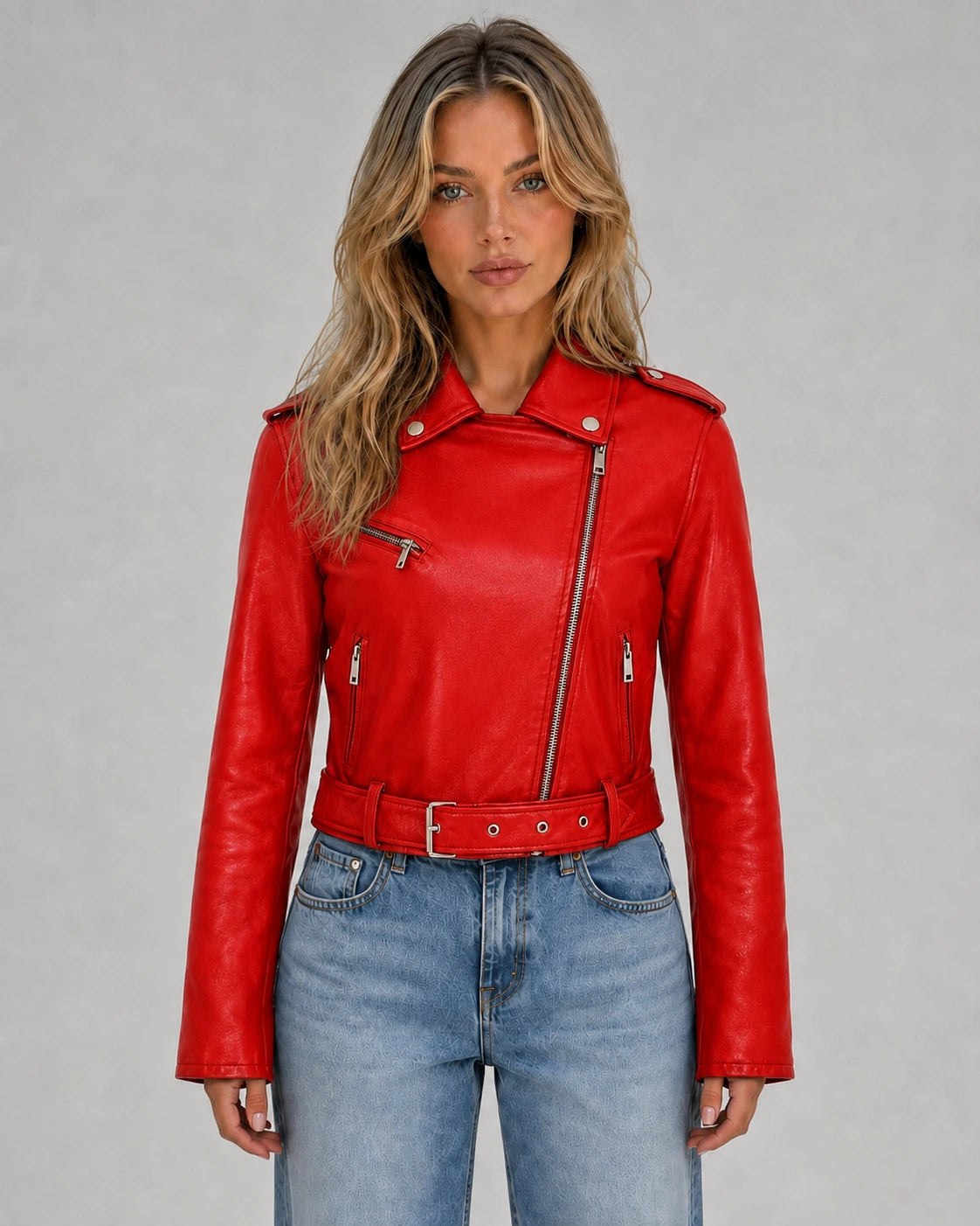 Damska kurtka motocyklowa z asymetrycznym zamkiem i paskiem-Jacket for women-Olave