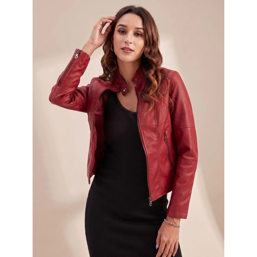 Damska kurtka motocyklowa ze stójką i zapięciem na zamek-Jacket for women-Olave