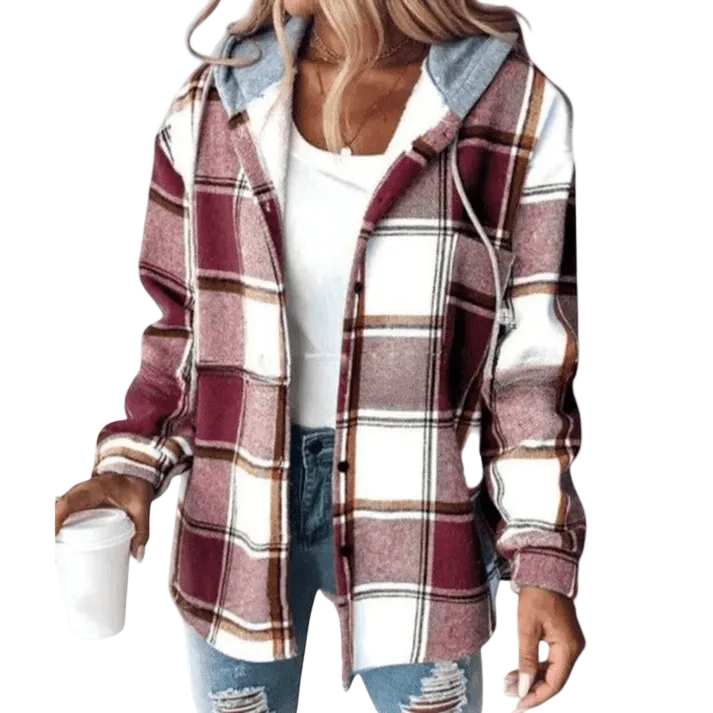 Damska kurtka z kapturem, zapięciem na guziki i wzorem w kratę-Jackets for Women-Olave