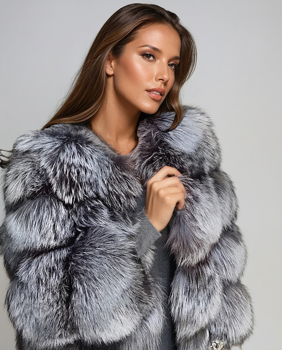 Damska kurtka z paneli ze sztucznego futra-Jacket for women-Olave