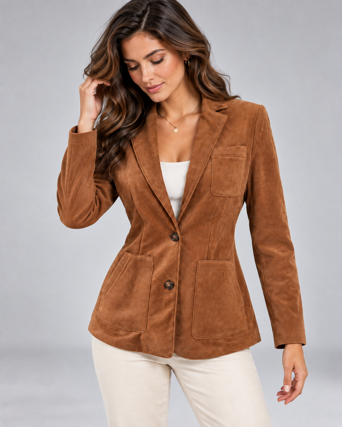 Damska marynarka z zamszu z naszywanymi kieszeniami-Blazers for women-Olave