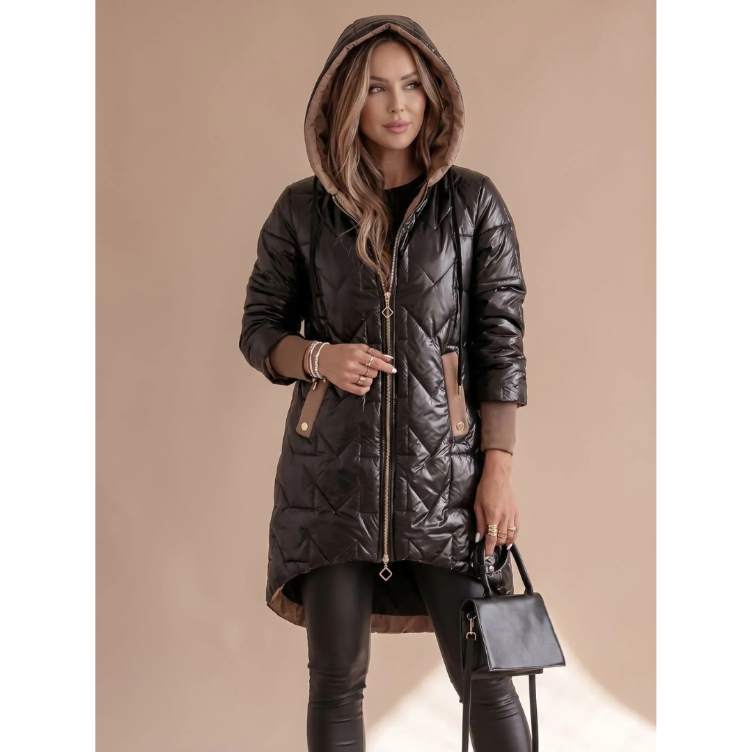 Damska pikowana kurtka puchowa z kapturem-Jacket for women-Olave