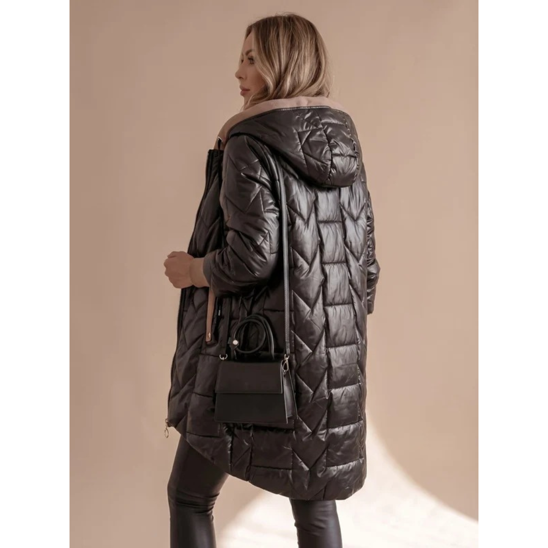 Damska pikowana kurtka puchowa z kapturem-Jacket for women-Olave