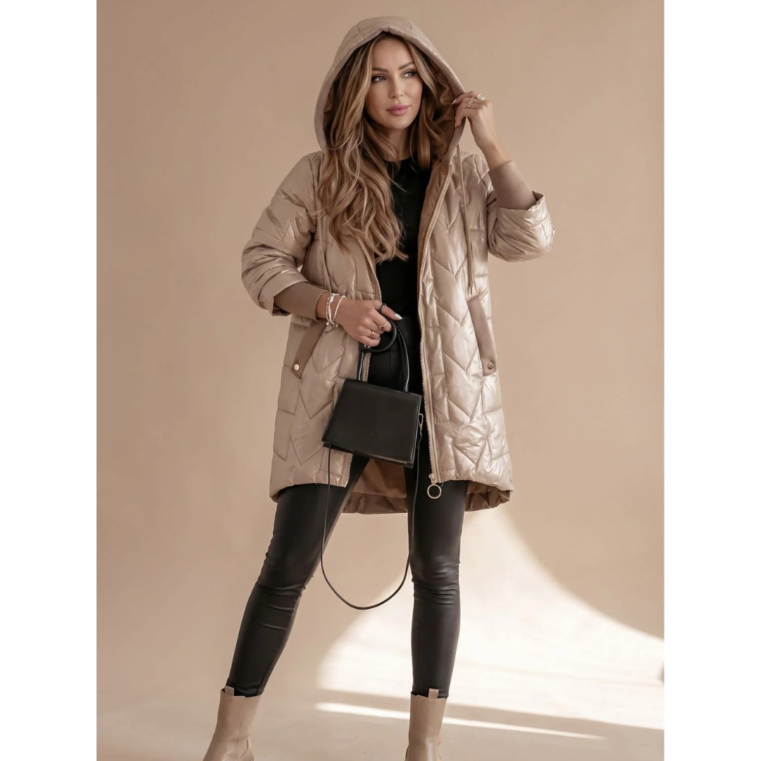 Damska pikowana kurtka puchowa z kapturem-Jacket for women-Olave