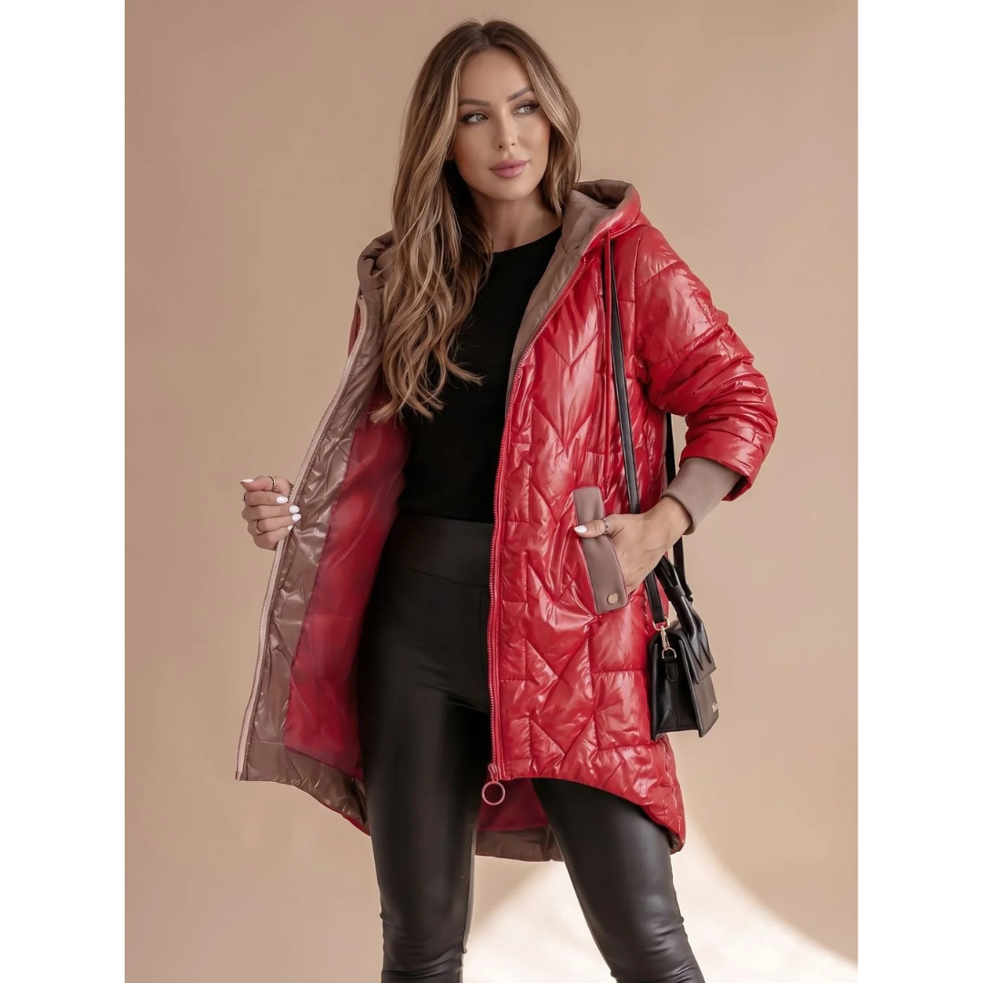 Damska pikowana kurtka puchowa z kapturem-Jacket for women-Olave