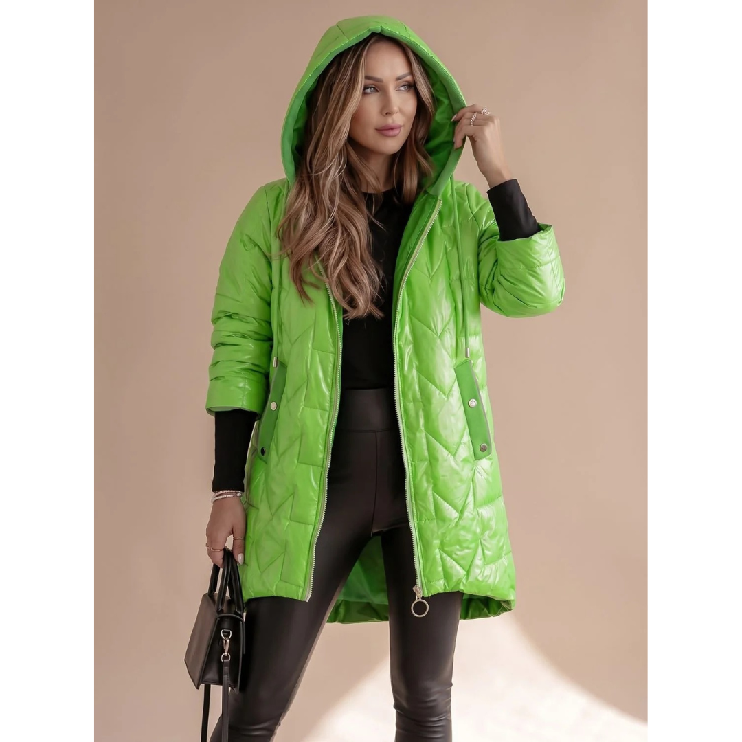 Damska pikowana kurtka puchowa z kapturem-Jacket for women-Olave