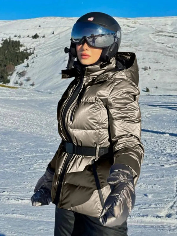 Damska pikowana kurtka puchowa z paskiem i kapturem-Jacket for women-Olave