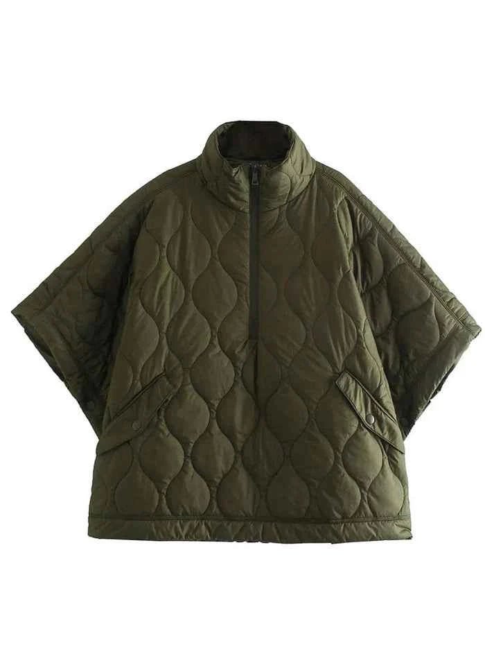 Damska pikowana kurtka typu peleryna ze stójką-Jacket for women-Olave