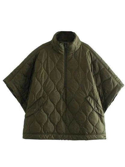 Damska pikowana kurtka typu peleryna ze stójką-Jacket for women-Olave