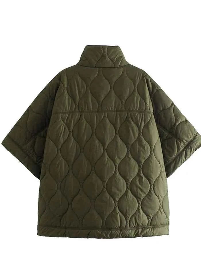 Damska pikowana kurtka typu peleryna ze stójką-Jacket for women-Olave