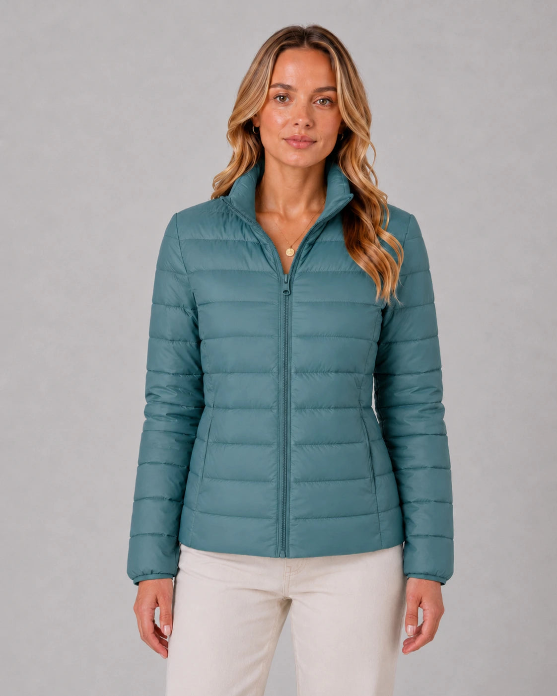 Damska pikowana kurtka typu puffer ze stójką-Jacket for women-Olave