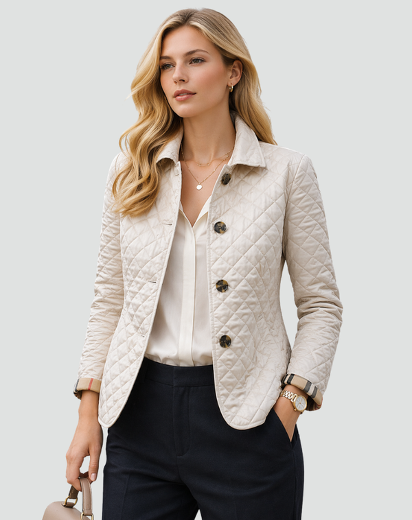 Damska pikowana kurtka zapinana na guziki z mankietami w kratę-Jacket for women-Olave