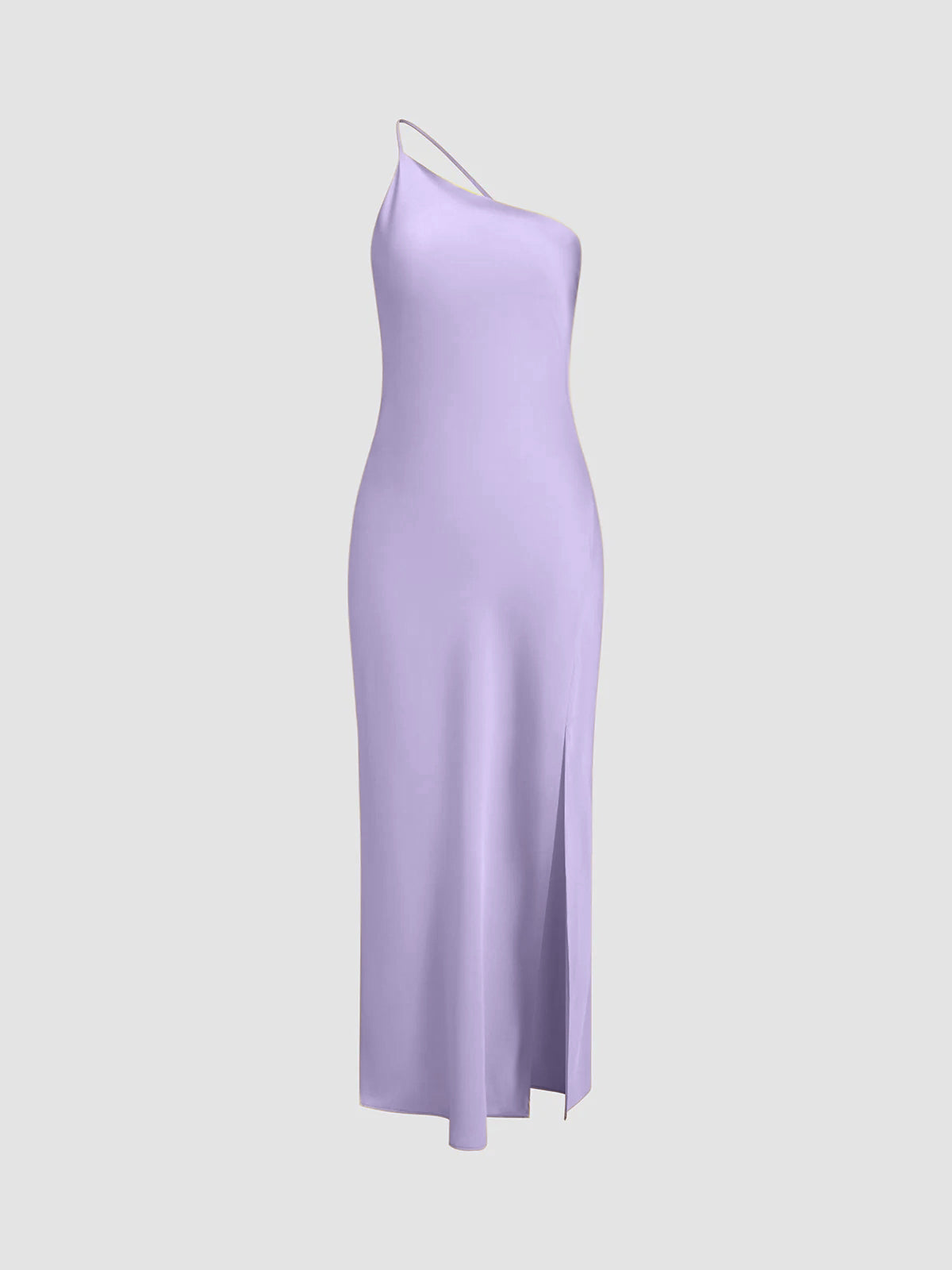 Damska satynowa sukienka maxi na jedno ramię z rozcięciem-Maxi Dress-Olave