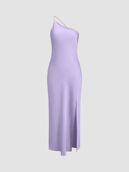 Damska satynowa sukienka maxi na jedno ramię z rozcięciem-Maxi Dress-Olave