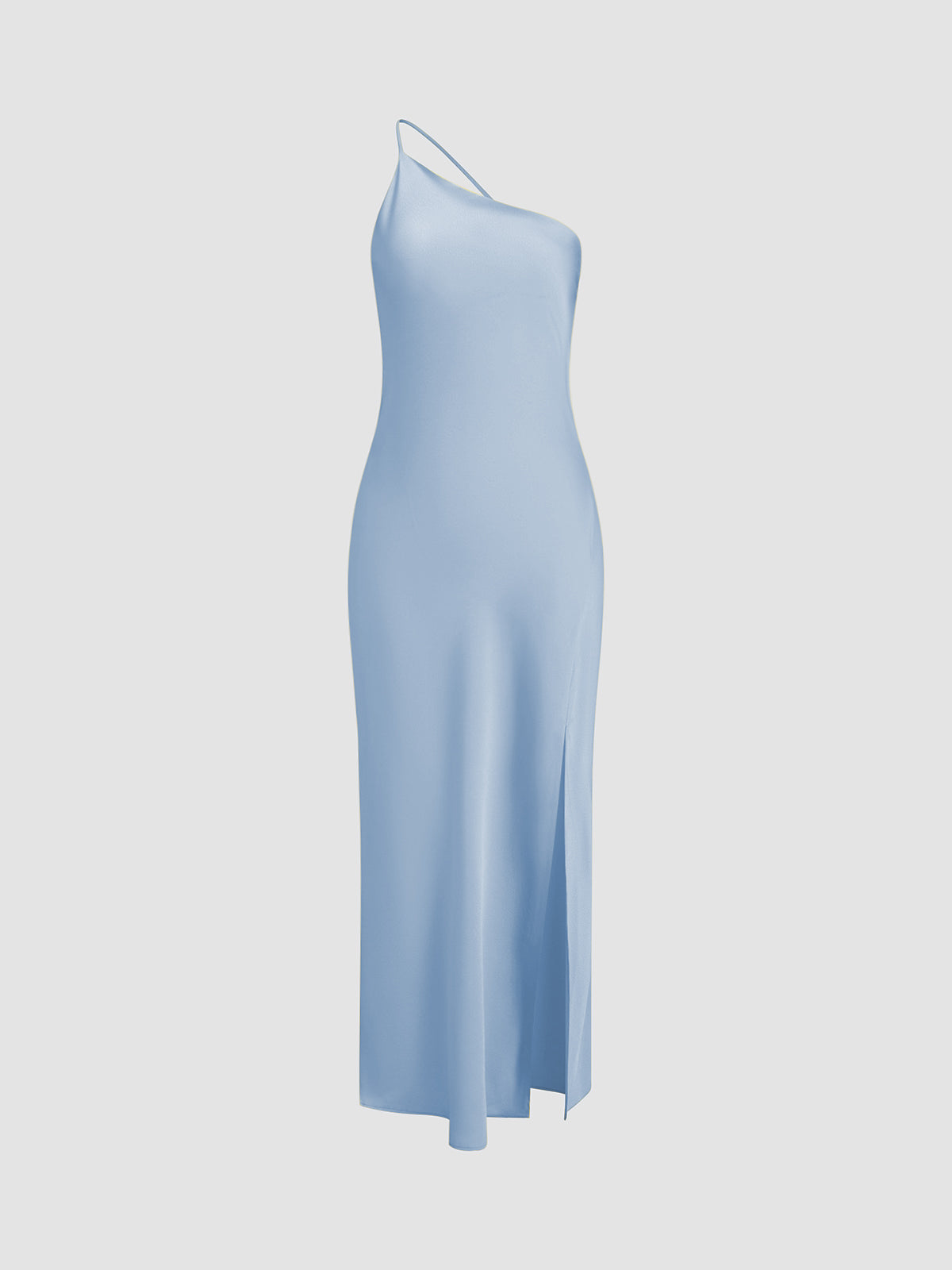 Damska satynowa sukienka maxi na jedno ramię z rozcięciem-Maxi Dress-Olave