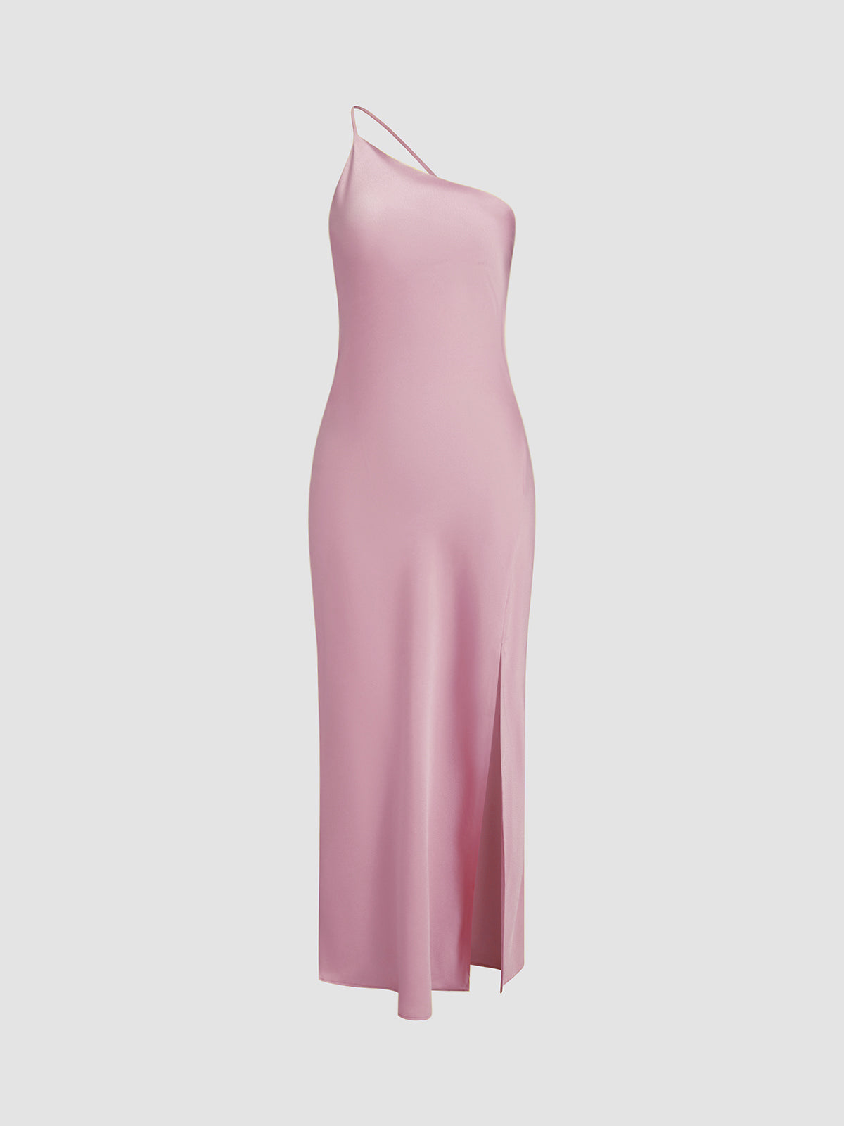 Damska satynowa sukienka maxi na jedno ramię z rozcięciem-Maxi Dress-Olave
