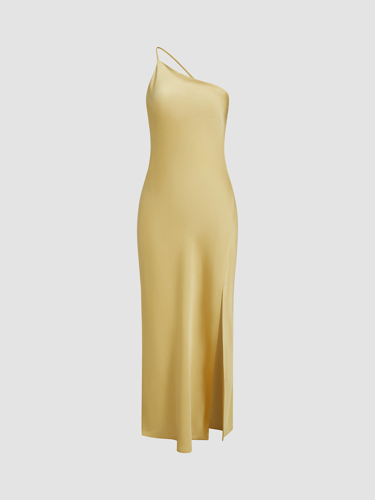 Damska satynowa sukienka maxi na jedno ramię z rozcięciem-Maxi Dress-Olave
