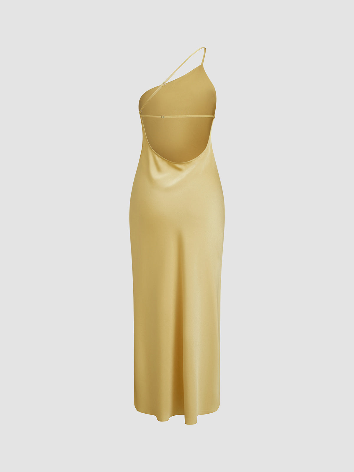 Damska satynowa sukienka maxi na jedno ramię z rozcięciem-Maxi Dress-Olave