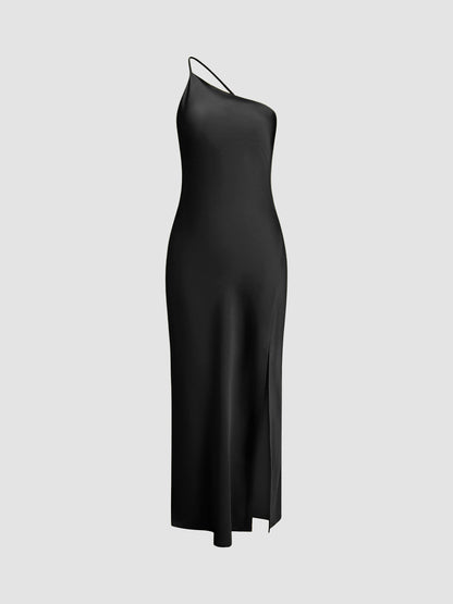 Damska satynowa sukienka maxi na jedno ramię z rozcięciem-Maxi Dress-Olave