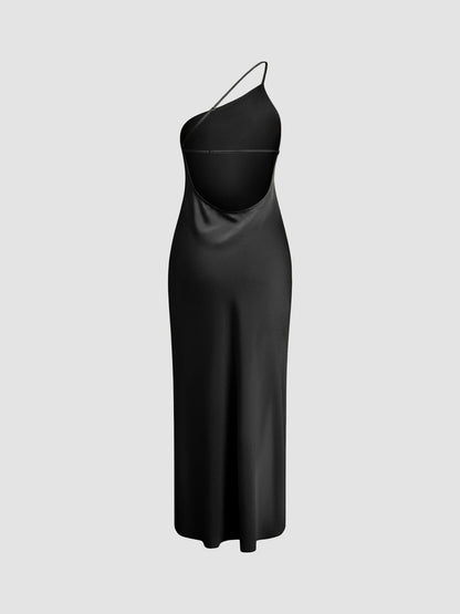 Damska satynowa sukienka maxi na jedno ramię z rozcięciem-Maxi Dress-Olave