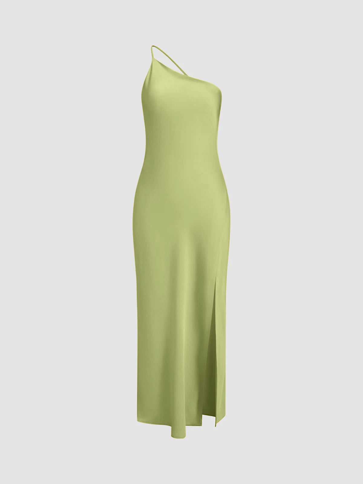 Damska satynowa sukienka maxi na jedno ramię z rozcięciem-Maxi Dress-Olave