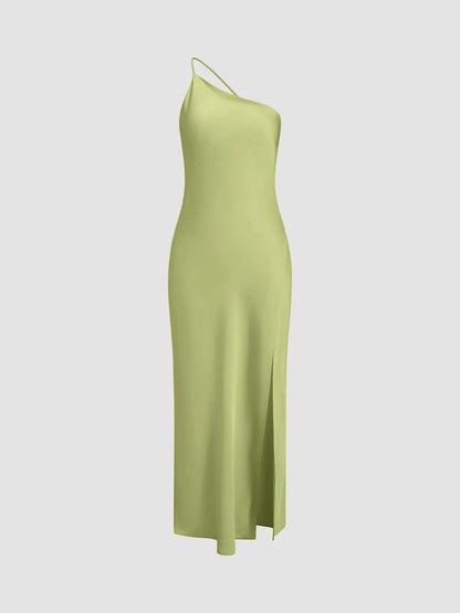 Damska satynowa sukienka maxi na jedno ramię z rozcięciem-Maxi Dress-Olave