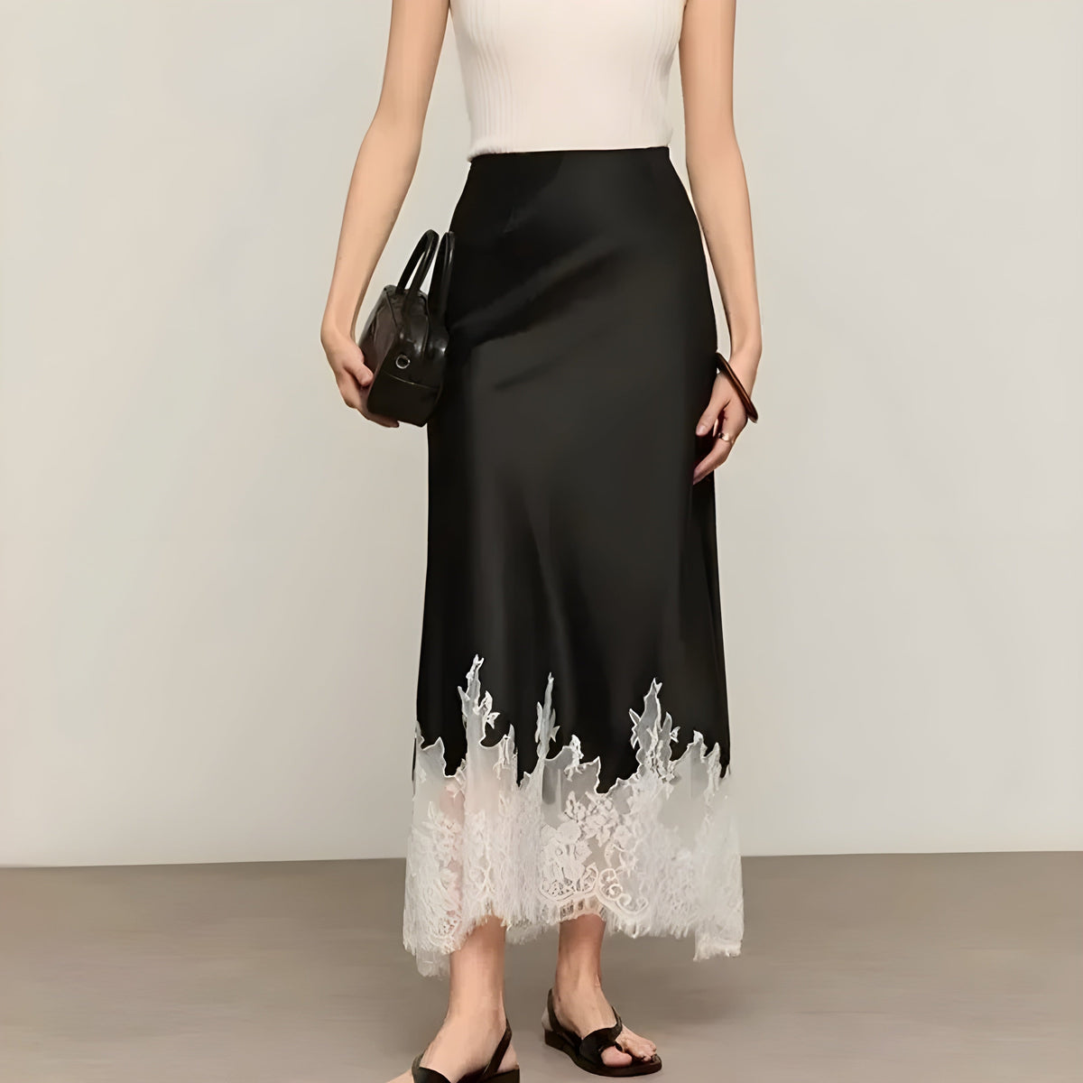 Damska spódnica midi z satyny z koronkowym wykończeniem-Skirt for women-Olave
