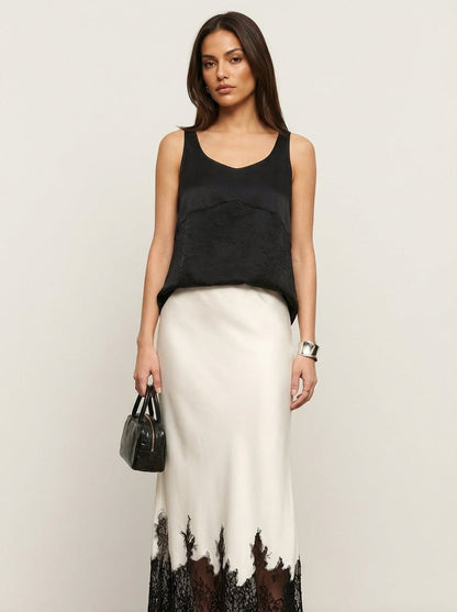 Damska spódnica midi z satyny z koronkowym wykończeniem-Skirt for women-Olave