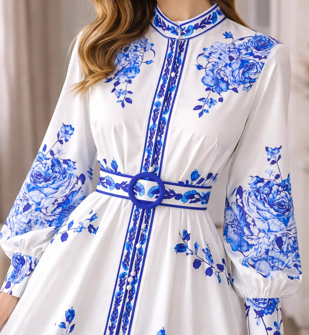 Damska sukienka koszulowa maxi w kwiaty-Maxi Dress-Olave