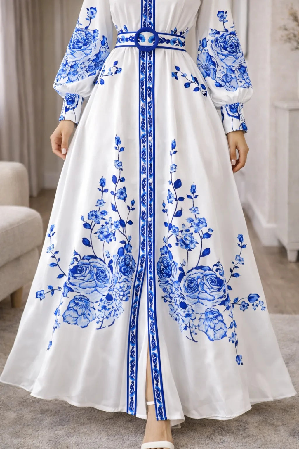 Damska sukienka koszulowa maxi w kwiaty-Maxi Dress-Olave