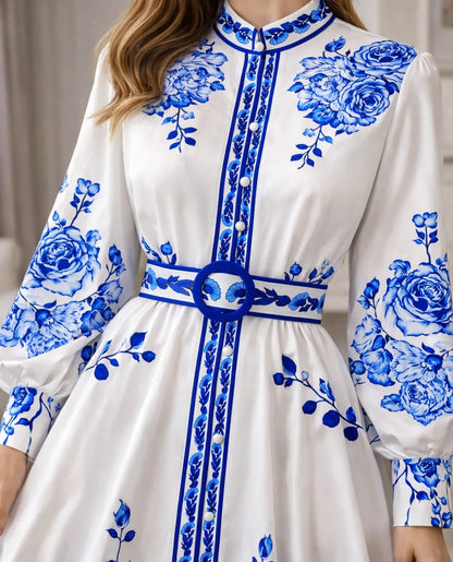 Damska sukienka koszulowa maxi w kwiaty-Maxi Dress-Olave