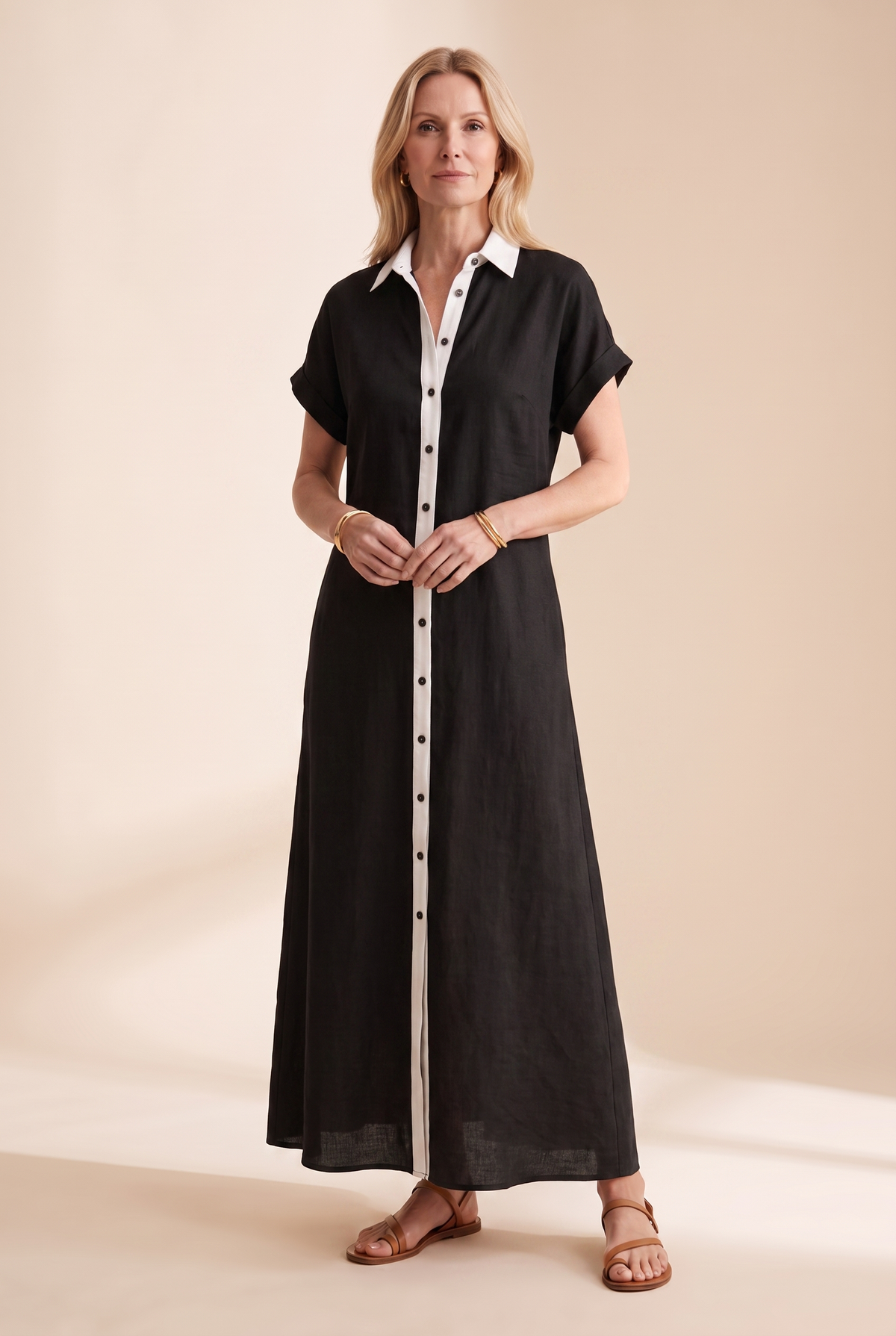 Damska sukienka koszulowa maxi z krótkim rękawem i zapięciem na guziki-Maxi Dress-Olave