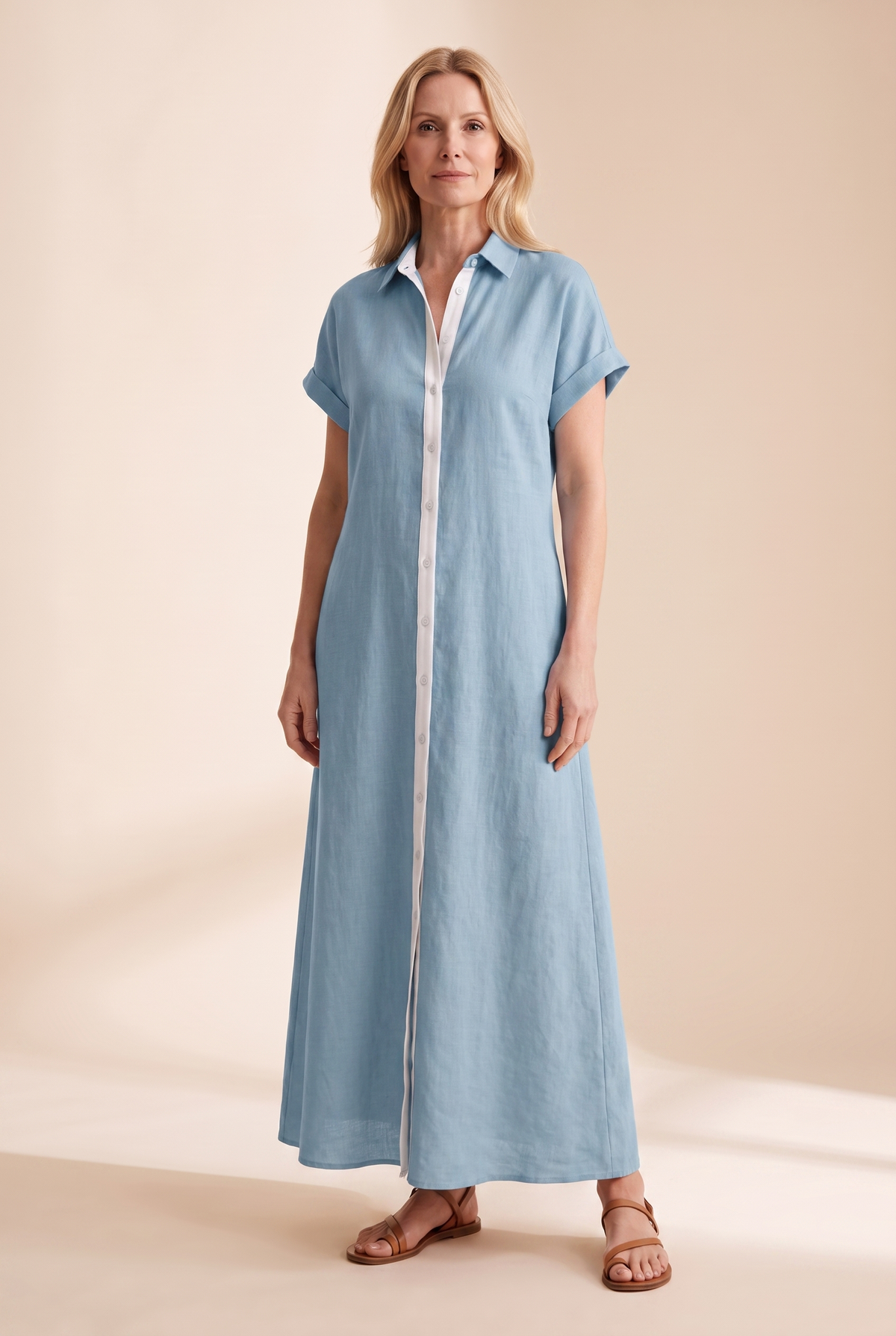 Damska sukienka koszulowa maxi z krótkim rękawem i zapięciem na guziki-Maxi Dress-Olave